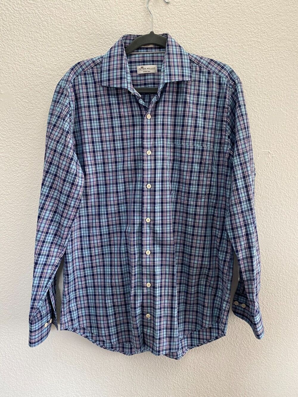 Peter Millar Crown Ease Plaid Long Sleeve Polo Shirt Men's Medium EUC